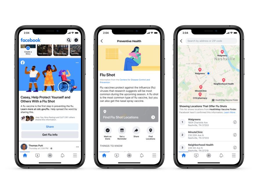 Screenshot of new product features on Facebook to help people get their flu shot