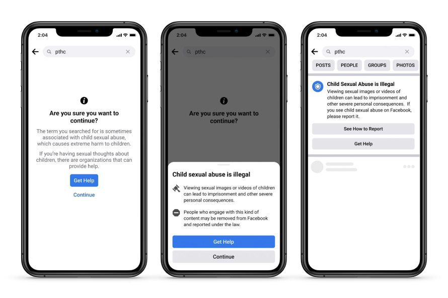 Screenshots of new child safety pop-up on Facebook