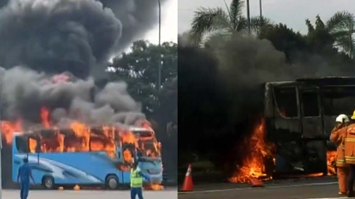 Bus yang terbakar di dekat gerbang Tol Menanggal Surabaya (blok-a.com/ist)