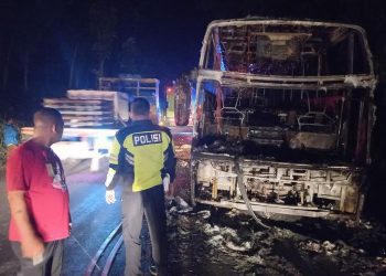 Kondisi bus pariwisata setelah ludes terbakar di Jalan Raya Babat-Jombang, Rabu (23/11/2022).(Dok. Satlantas Lamongan)