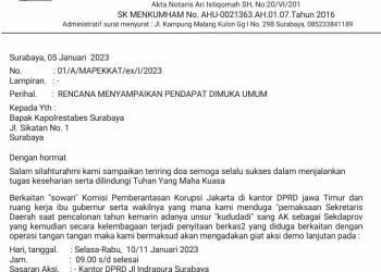 Surat permohonan pemberitahuan izin aksi Mapekat ke Mapolrestabes Surabaya.