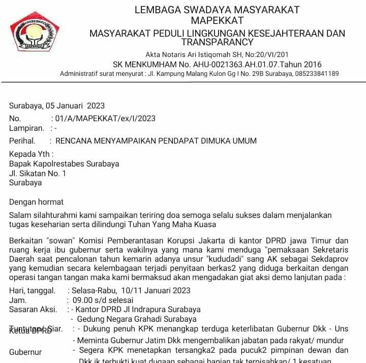 Surat permohonan pemberitahuan izin aksi Mapekat ke Mapolrestabes Surabaya.