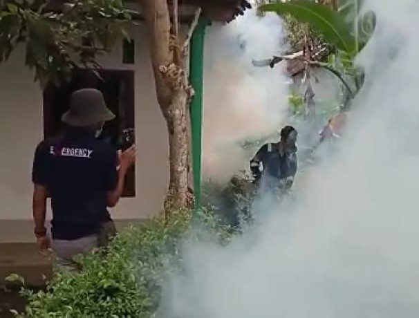 Pelaksanaan fogging di Dusun Tegal Kalong, Desa Kemuningsari Kidul, Kecamatan Jenggawah oleh Pihak Puskesmas Jenggawah.(Pemdes Kemuningsari)