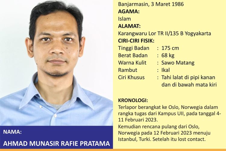 Dosen Universitas Islam Indonesia (UII), Ahmad Munasir Rafie Pratama (AMRP), dilaporkan menghilang setelah mengikuti aktivitas mobilitas global di University of South-Eastern Norway (USN).(Dok. Instagram Polda DIY)