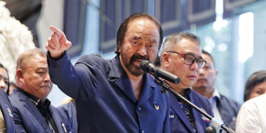 Surya Paloh konpers terkait kasus korupsi Jhonny G Plate. (FOTO: Liputan6.com/Angga Yuniar)