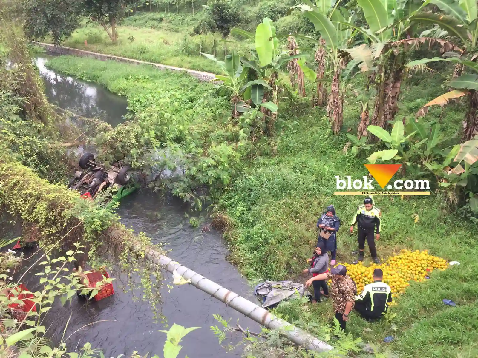 Caption : Situasi proses evakuasi pick up bermuat jeruk di Sungai Desa Sukosari, Kecamatan Gondanglegi, Kabupaten Malang pada Kamis (6/07/2023) (Blok-a.com/Putu Ayu Pratama S)