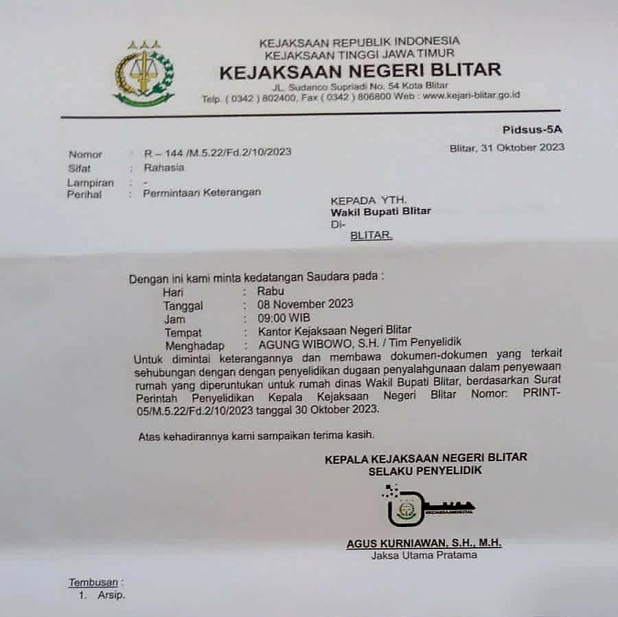 Surat permintaan keterangan Kejaksaan Negeri Blitar kepada mantan Wakil Bupati Blitar Rahmat Santoso.