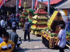 Arak-arakan tumpeng raksasa keliling kampung pada sedekah bumi Dusun Gumining, Desa Tambakrejo, Kecamatan Duduksampeyan, Kabupaten Gresik.