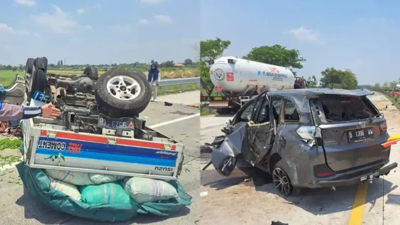 Kondisi dua kendaraan yang terlibat kecelakaan di Tol Jombang-Mojokerto (Blok-a.com/Syahrul Wijaya)