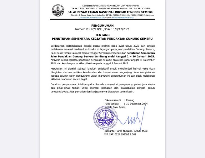 Pendakian Gunung Semeru Ditutup Sementara, Berlaku 2-16 Januari 2025