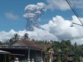 Erupsi Gunung Raung mencapai ketinggian 2.000 meter di atas puncak, Selasa (24/12/2024).