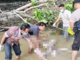 Petugas saat mengevakuasi jenazah Mrs. X yang ditemukan di pesisir Muara Pareng Ireng, Kecamatan Tegaldlimo, Jumat (20/12/2024). (blok-a.com/Kuryanto)
