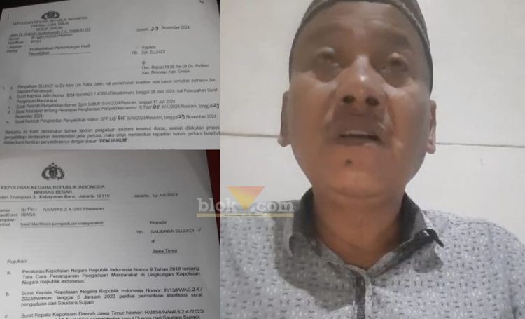 Sujiadi (kanan) menunjukan Surat Perintah Penghentian Penyelidikan dari Polres Gresik dan Surat hasil audit dari Mabes Polri.(blok-a.com/Ivan)