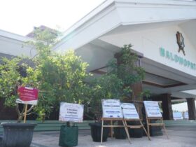 Pohon hidup ucapan selamat atas pelantikan Bupati dan Wabup Bojonegoro berjajar di halaman Pendopo Malowopati.