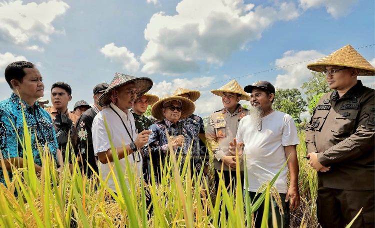 Kapolres Blitar AKBP Arif Fazlurrahman, bersama Bupati Rijanto dan jajaran Forkopimda, melaksanakan panen raya. (blok-a.com/Fajar)