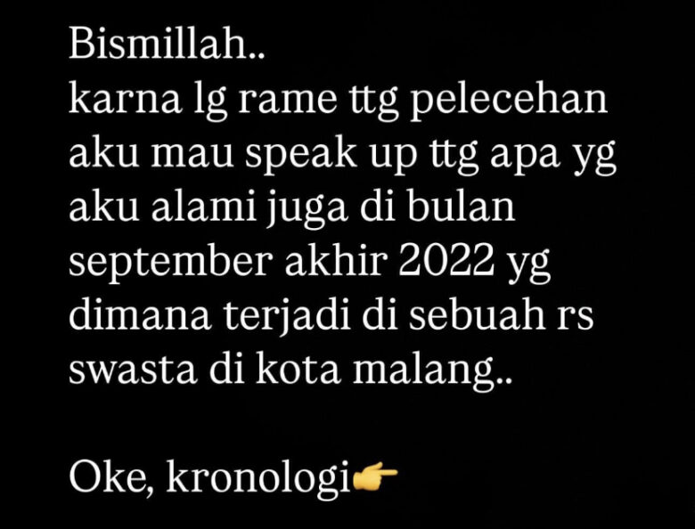 Tangkapan layar postingan akun Instagram @qorryauliarachmah yang diduga alami pelecehan saat menjadi pasien di rumah sakit swasta di Kota Malang (akun Instagram: @qorryauliarachmah)