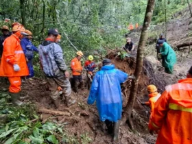 Petugas gabungan melakukan evakuasi korban longsor di jalur Pacet-Cangar, Kamis (3/4/2025). (BPBD Kota Batu)