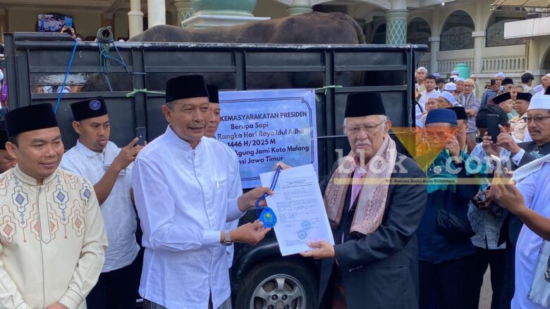 Penyerahan sapi kurban dari Presiden Prabowo yang diwakilkan oleh Wali Kota Malang, Wahyu Hidayat kepada Masjid Agung Jami' Kota Malang. (blok-a.com / Berril Labiq)