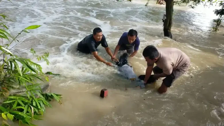 Petugas Dishub yang terseret arus banjir di Benjeng Gresik berhasil diselamatkan oleh warga sekitar.(Istimewa)