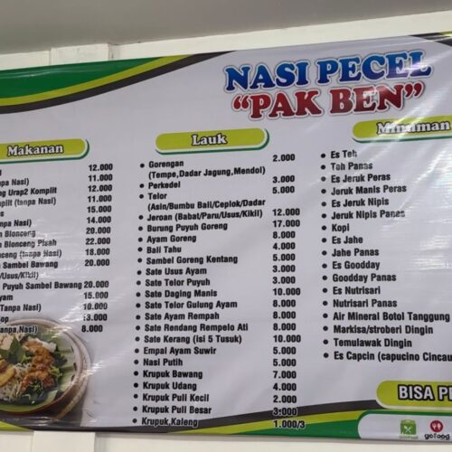 Harga menu di Nasi Pecel Pak Ben (blok-a/Berril)