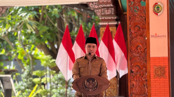 Bupati Mojokerto Gus Barra saat sambutan sosialisasi RPJMD di pendopo Graha Maja Tama.(blok-a.com/Syahrul Wijaya)