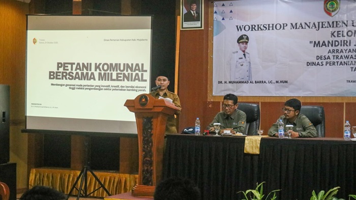 Bupati Mojokerto Gus Barra saat memberikan sambutan di hotel Arayana Trawas.(blok-a.com/Syahrul Wijaya)