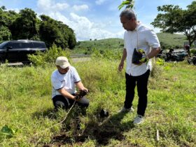 Public and Government Relation Manager PT RMI Mitr Phol Group, Putut Hindaruji bersama Kepala Dinas Lingkungan Hidup Kabupaten Blitar, Iwan Dwi Winarto menanam pohon di JLS Serang - Tambakrejo. (blok-a.com/Fajar)