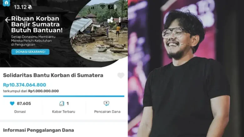 Ferry Irwandi dan tangkapan layar hasil donasi publik merespons banjir Sumatra di platform Kitabisa (foto: ist)