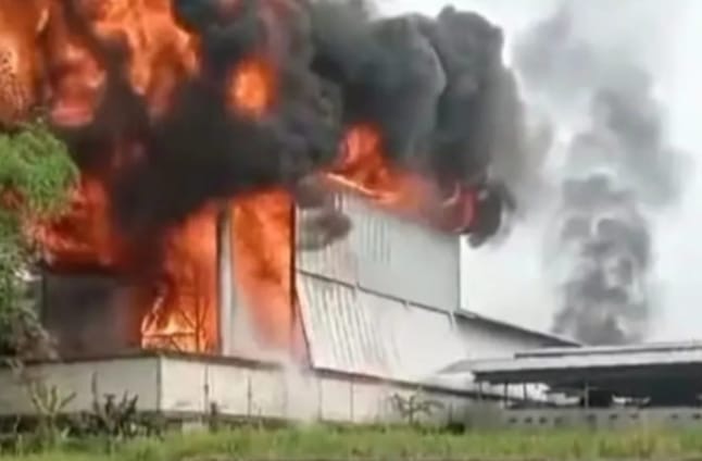Caption: Salah satu insiden kebakaran hebat yang menimpa pabrik triplek Margo Joyo Plywood di Dusun/Desa Karangharjo, Kecamatan Glenmore, Banyuwangi tahun 2025. (Dok blok-a.com).