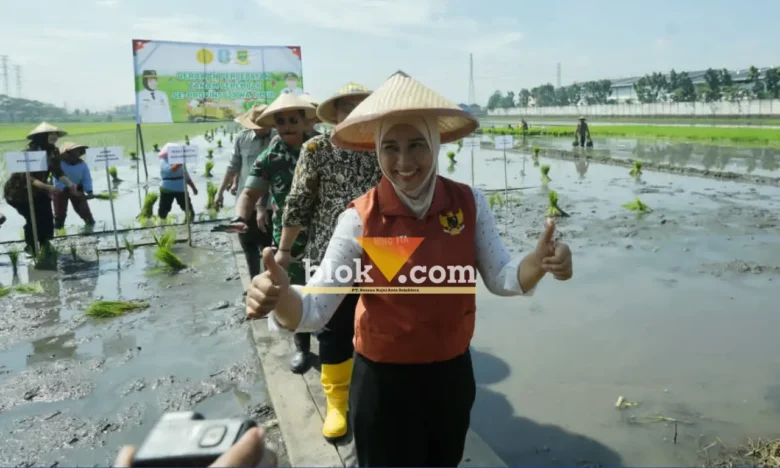 Wali kota Mojokerto Ika Puspita Sari ikut menanam padi di sawah lingkungan Keboan, Kelurahan Gununggedangan (foto: Blok-a.com/Syahrul Wijaya)