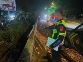 Piket lantas Polsek Wongsorejo, saat tunjukkan TKP truk boks Hino, yang alami laka tunggal di Jalan Nasional Banyuwangi–Situbondo, tepat di jembatan Kramasan, Desa Kecamatan Wongsorejo, Kamis (14/5/2026) (foto: dok Kanit lantas Polsek Wongsorejo)