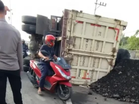 Truk Batu Bara Terguling Tutupi Jalan Pantura Manyar Gresik sebabkan macet parah (foto: istimewa)