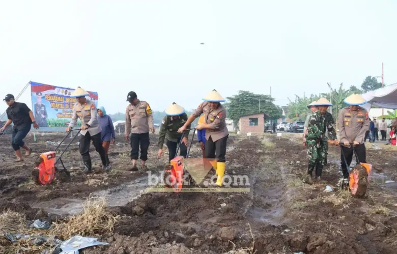 Kapolres Mojokerto AKBP Andi Yudha Pranata ikut menanam jagung di lahan tanah kas Desa Kalipuro (foto: Blok-a.com/Syahrul Wijaya)