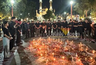 BEM Malang Raya menggelar aksi “Doa untuk Ibu Pertiwi” di Alun-Alun Merdeka Kota Malang, Jumat (28/8/2026) malam. (blok-a.com / M Berril Labiq)