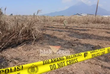 Lahan tebu milik warga yang jadi sumber kebakaran hingga merembet ke area PT Sun Paper Source kini dipasang Police Line (foto: Blok-a.com/Syahrul Wijaya)