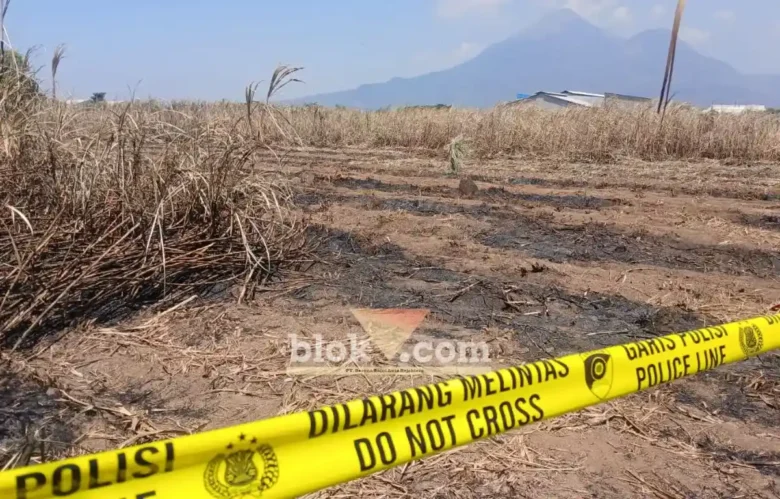 Lahan tebu milik warga yang jadi sumber kebakaran hingga merembet ke area PT Sun Paper Source kini dipasang Police Line (foto: Blok-a.com/Syahrul Wijaya)