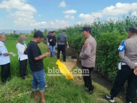 Petugas Polsek Tegalsari saat mengevakuasi jenazah Siti Maesaroh, wanita lansia yang ditemukan tewas di dalam parit area persawahan, Rabu (12/08/2026) (foto: Blok-a.com/Kuryanto)