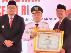 Pj Kepala Desa Gempolkerep Farid Kurnia Setiawan saat menerima penghargaan dari Bupati Mojokerto usai upacara peringatan HUT ke-81 Kemerdekaan RI (foto: blok-a.com/Syahrul Wijaya)