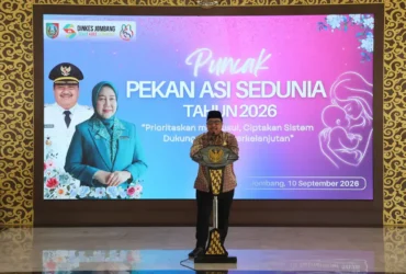 Bupati Jombang Warsubi memberikan sambutan pada Puncak Peringatan Pekan ASI Sedunia 2026 yang digelar di Pendopo Kabupaten Jombang (Foto: Kominfo)