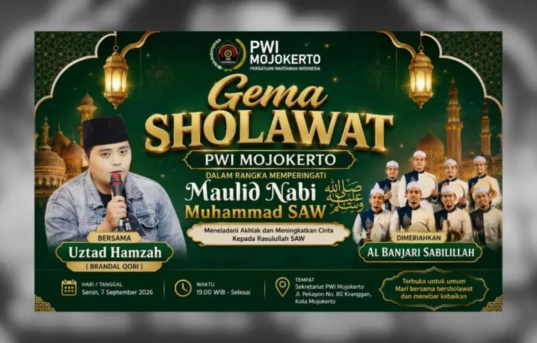 Poster event Gema Sholawat PWI Mojokerto Raya yang hadirkan Brandal Qori