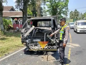 Piket Lantas Polsek Glenmore saat menunjukkan kondisi mobil Pikup usai Adu Banteng Kontra truk Hino, di tingkungan Glen Falloch, Glenmore, Selasa (22/09/2026)(blok-a.com/Kuryanto).