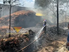 Petugas Damkar saat berusaha memadamkan titik-titik api yang masih menyala pada tumpakan sabut kelapa, Selasa (13/10/2026) (foto: blok-a.com/Kuryanto)