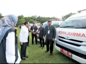 Wamenkes RI Benjamin Paulus Octavianus didampingi Bupati Ipuk Fiestiandani saat melakukan pemasangan stiker identitas Jempol Raga pada seluruh armada ambulans di Banyuwangi, Minggu (25/10/2026) (foto: blok-a.com/Istimewa)
